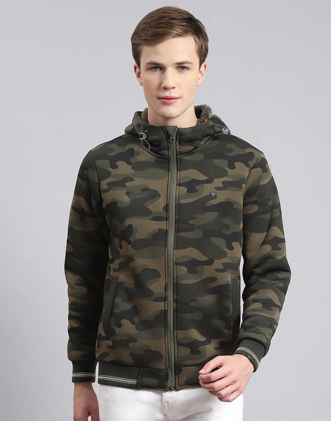 Men Olive Solid Hooded Full Sleeve Sweatshirt - Image 2
