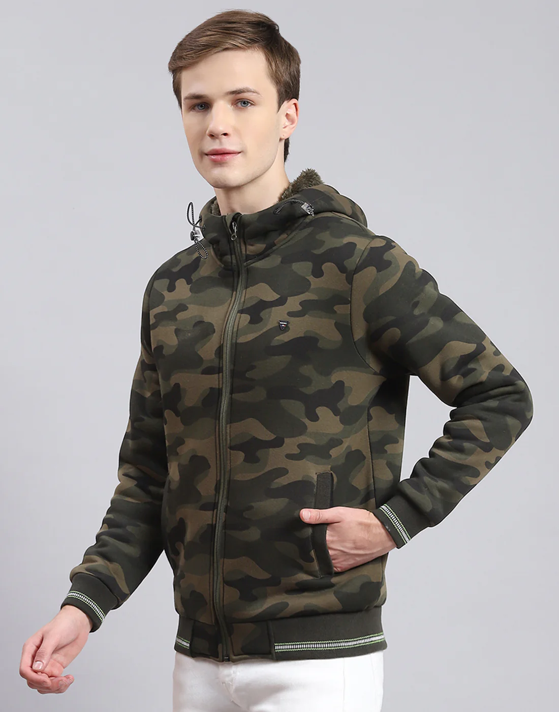 Men Olive Solid Hooded Full Sleeve Sweatshirt - Image 3