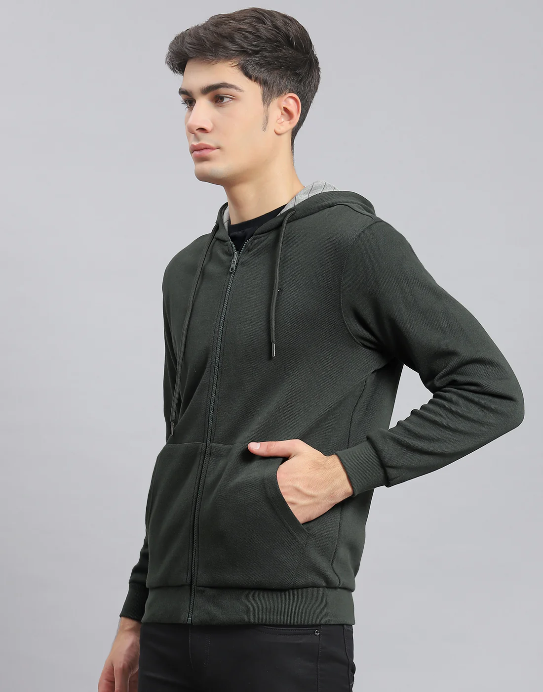 Men Olive Solid Hooded Full Sleeve Reversible Sweatshirt - Image 3