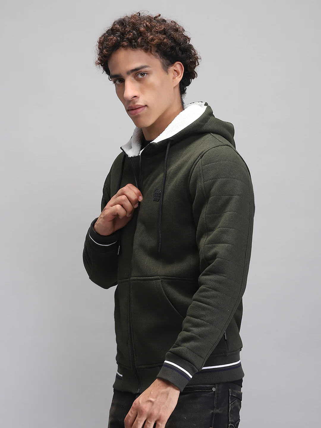 Rock.it Men Olive Solid Hooded Full Sleeve Sweatshirt - Image 3