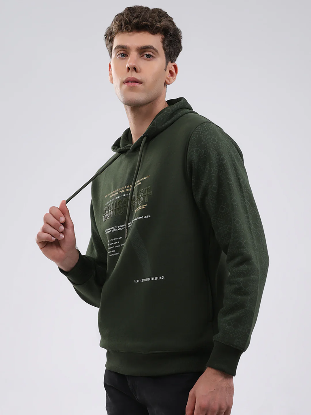 Men Olive Solid Hooded Full Sleeve Sweatshirt - Image 3