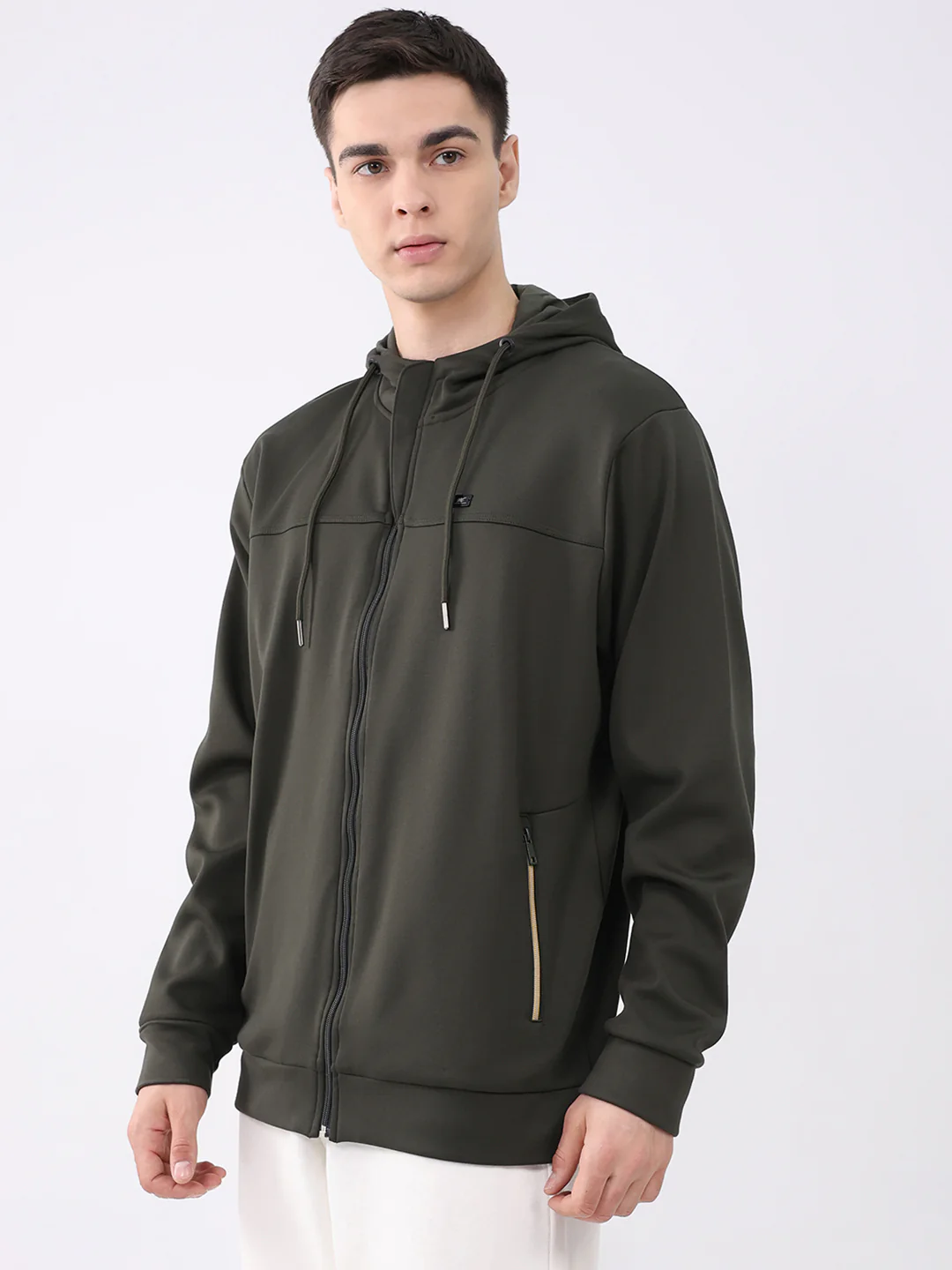 Men Olive Solid Hooded Full Sleeve Sweatshirt - Image 3