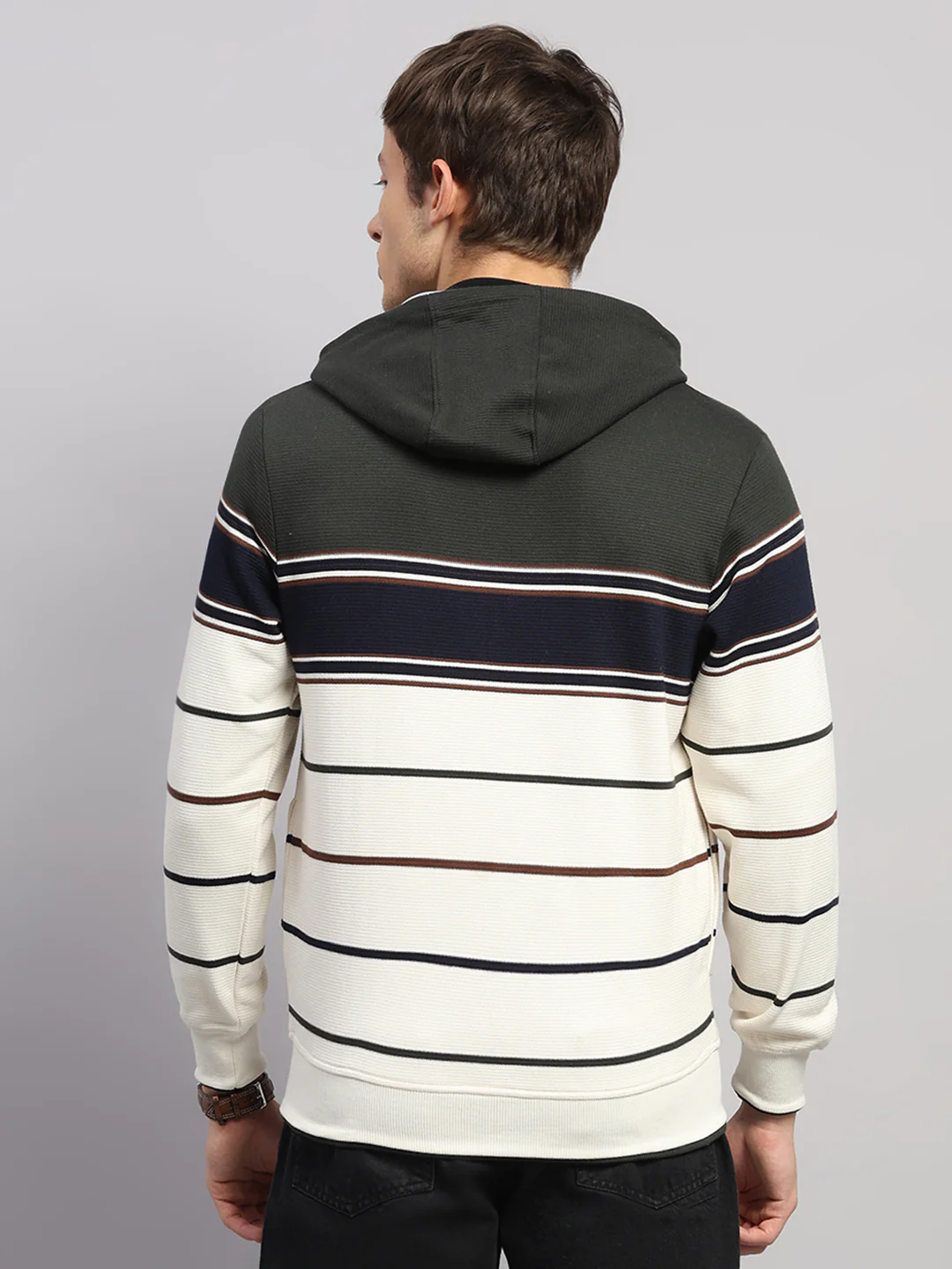 Men Olive Solid Hooded Full Sleeve Sweatshirt - Image 5