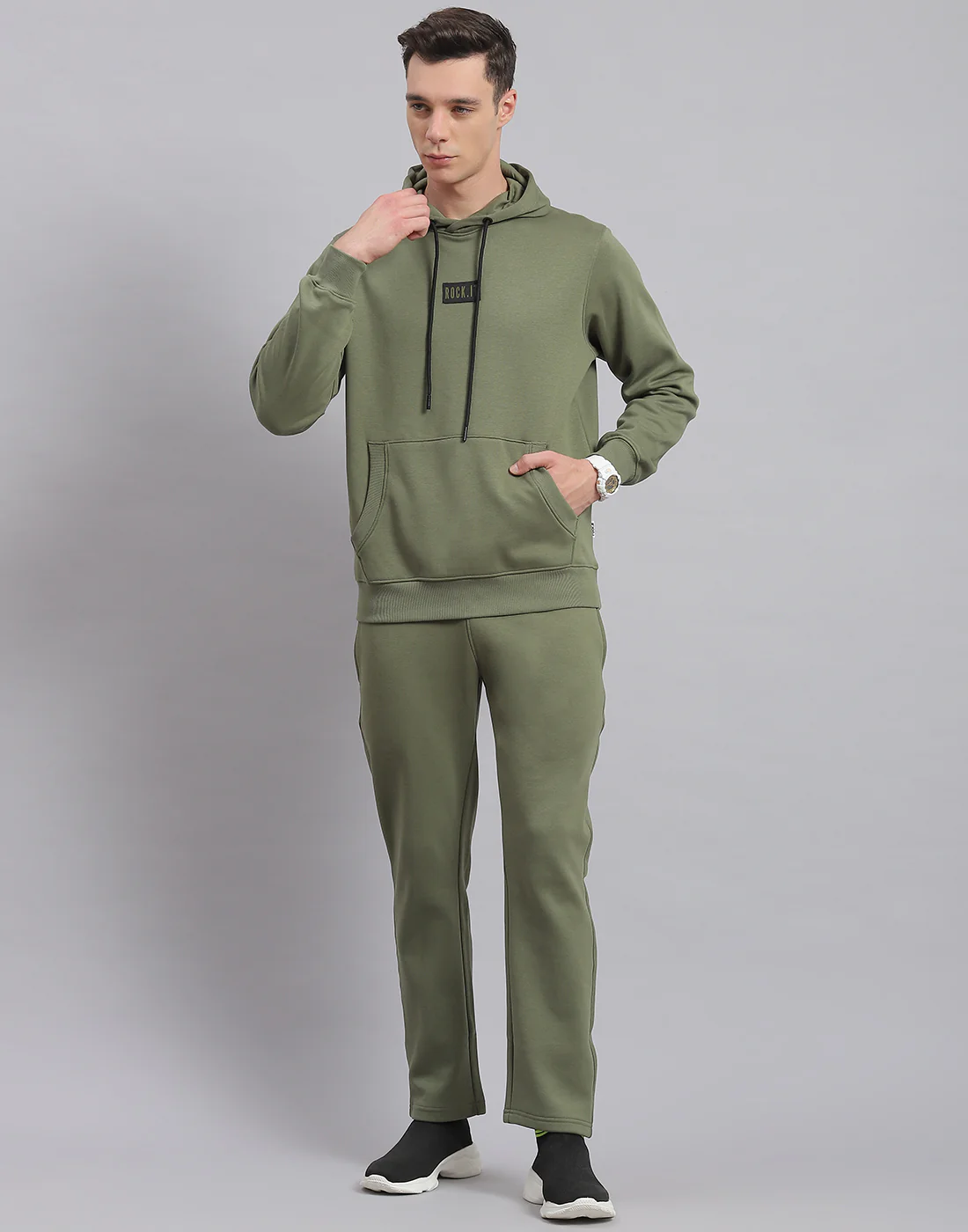 Rock.it Men Olive Solid Hooded Full Sleeve Tracksuit - Image 2