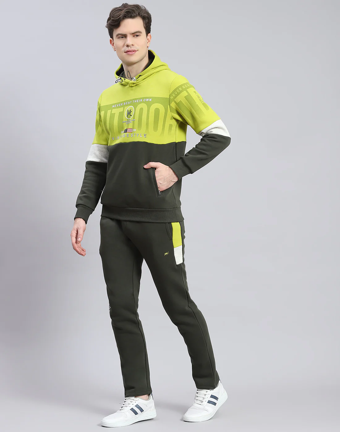 Men Olive Solid Hooded Full Sleeve Tracksuit - Image 3