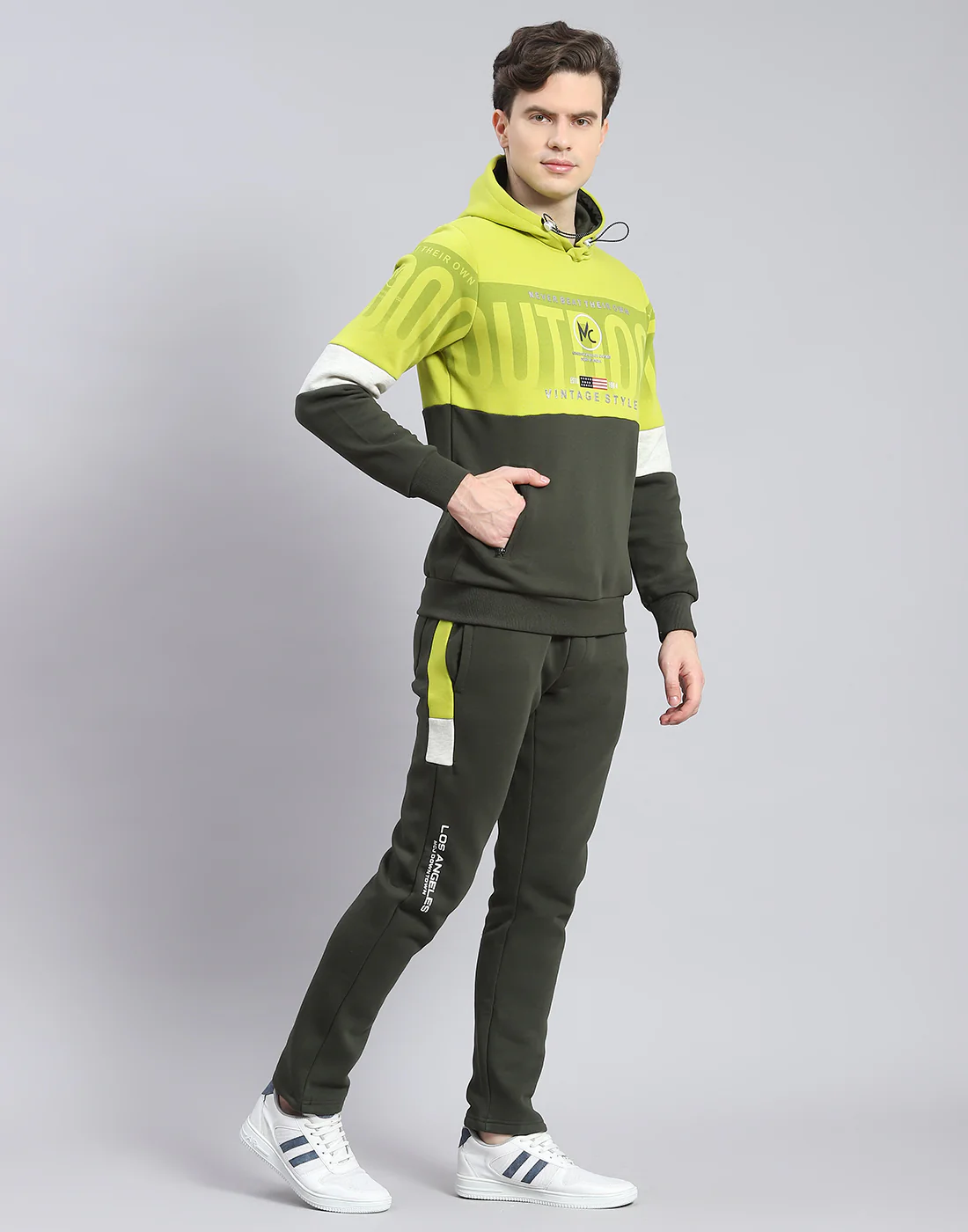 Men Olive Solid Hooded Full Sleeve Tracksuit - Image 4