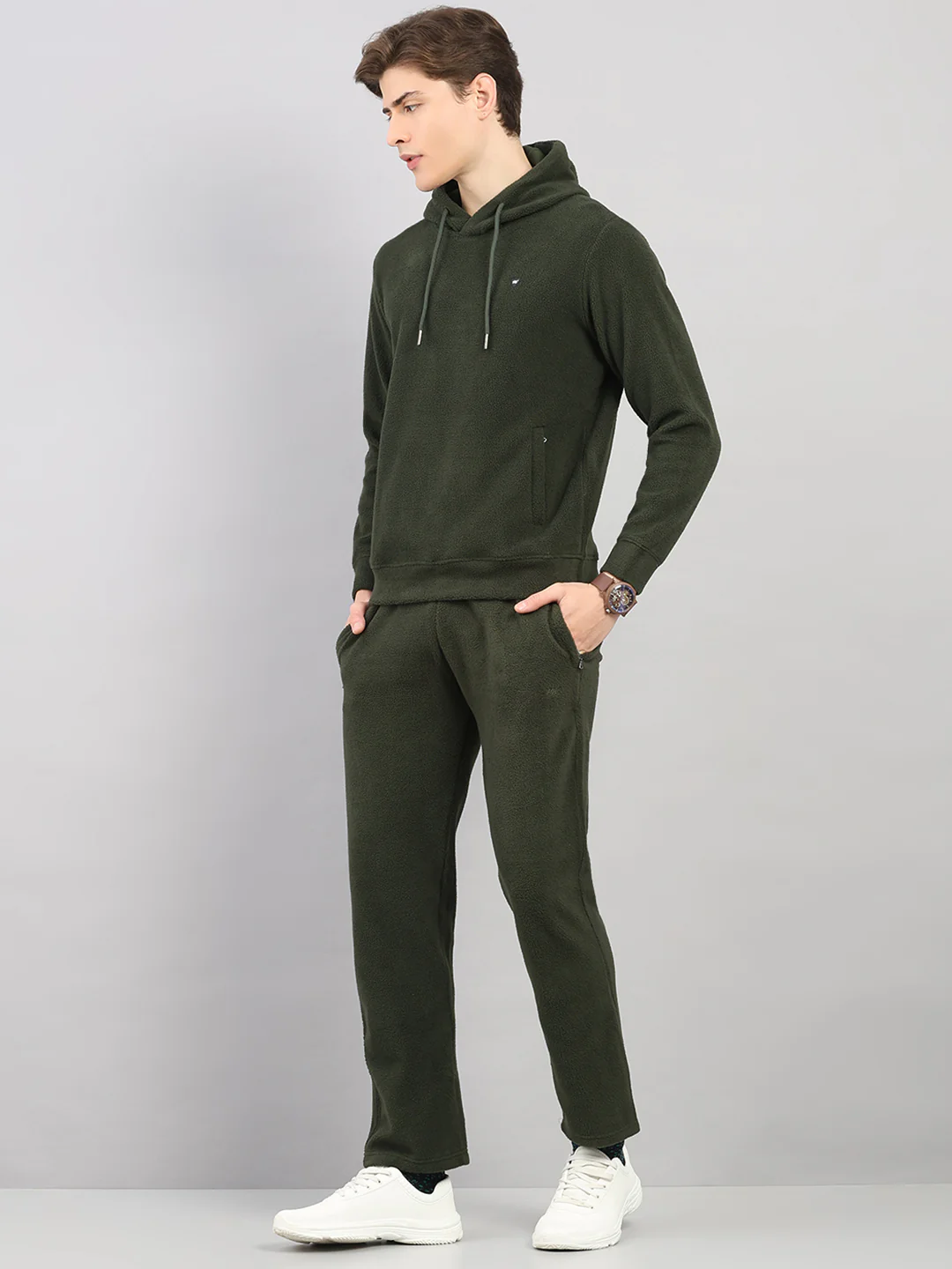 Men Olive Solid Hooded Full Sleeve Winter Tracksuit - Image 3