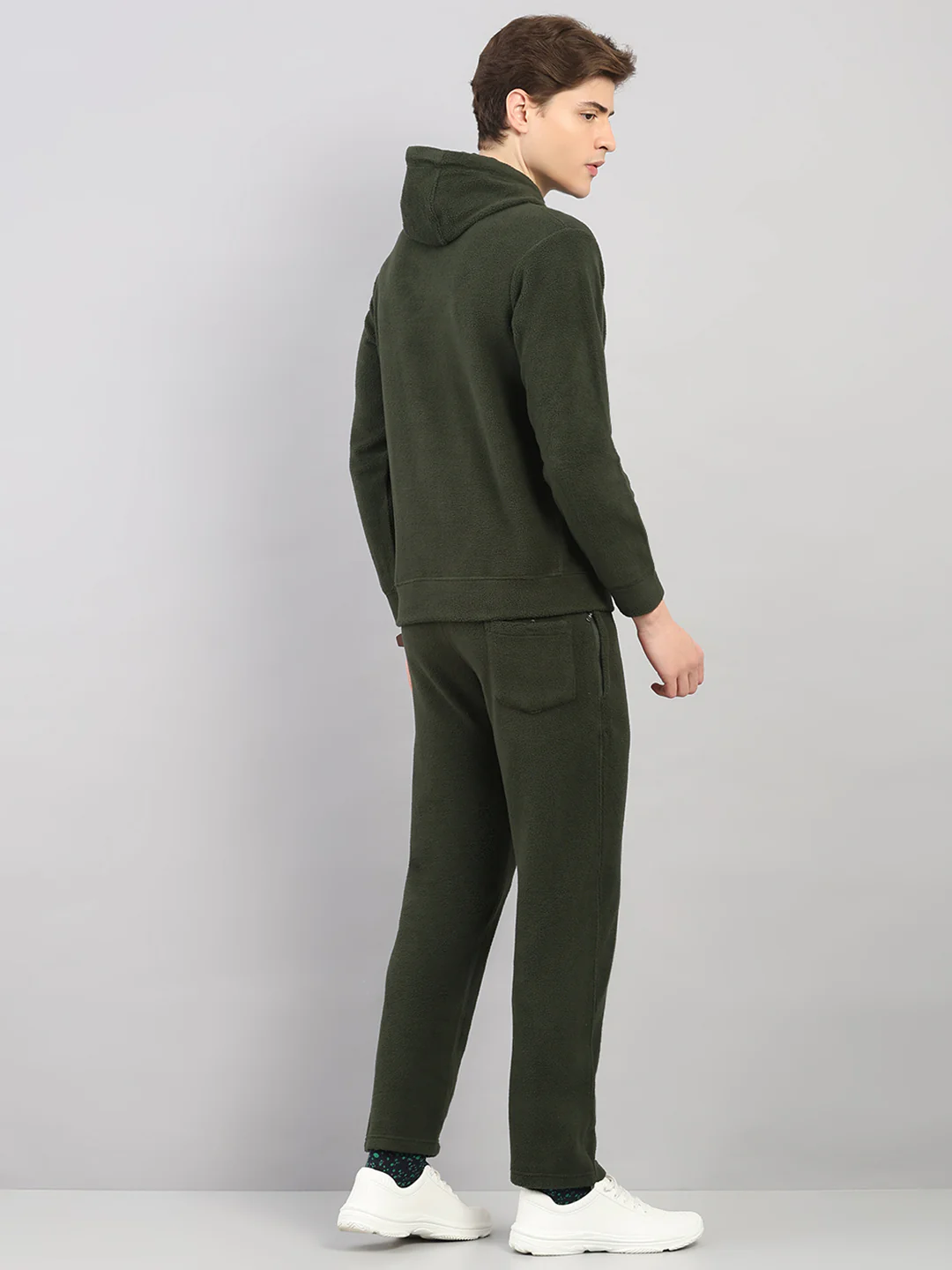 Men Olive Solid Hooded Full Sleeve Winter Tracksuit - Image 5
