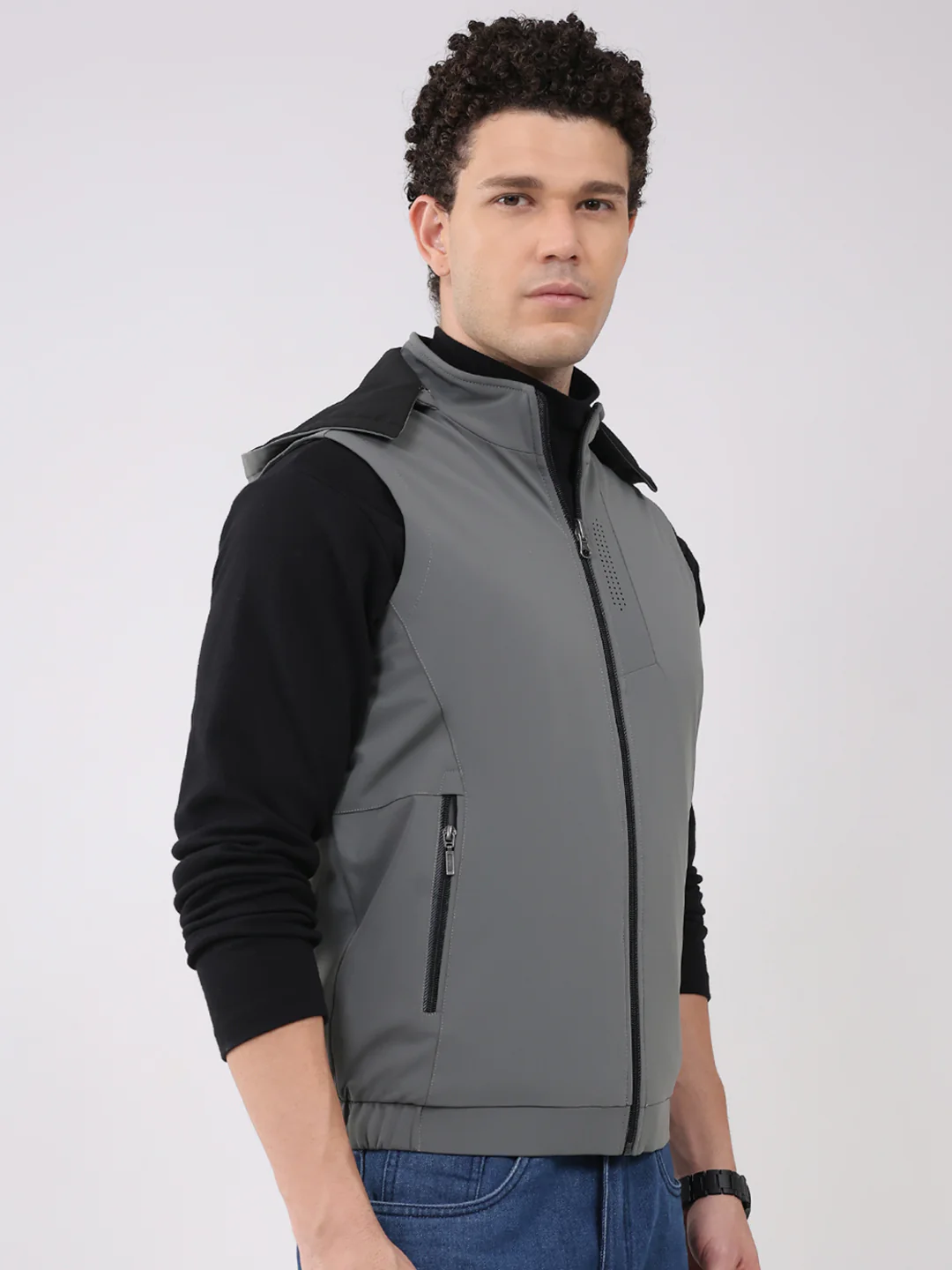 Men Olive Solid Hooded Sleeveless Reversible Jacket - Image 4