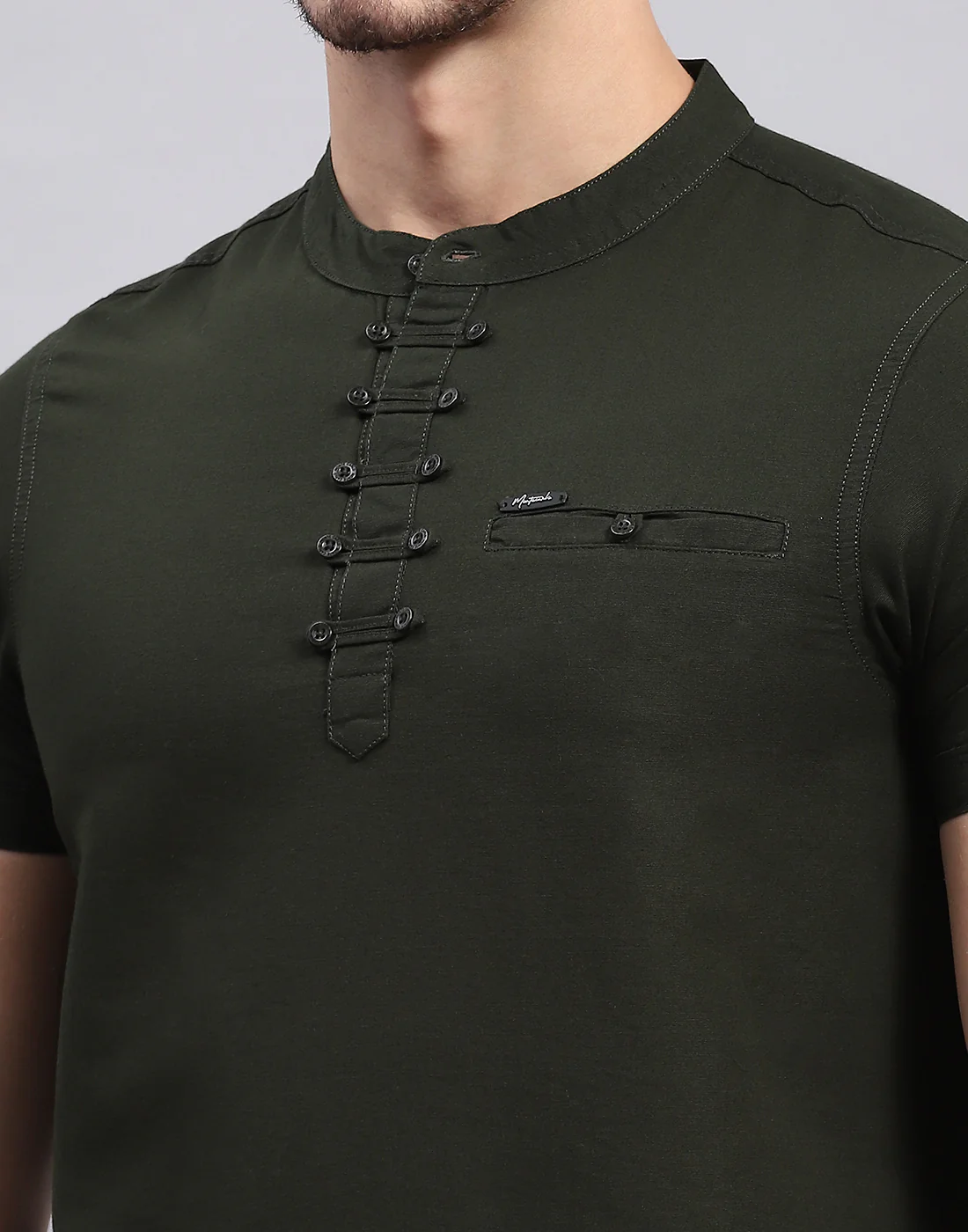 Men Olive Solid Mandarin Collar Half Sleeve T-Shirt - Image 6