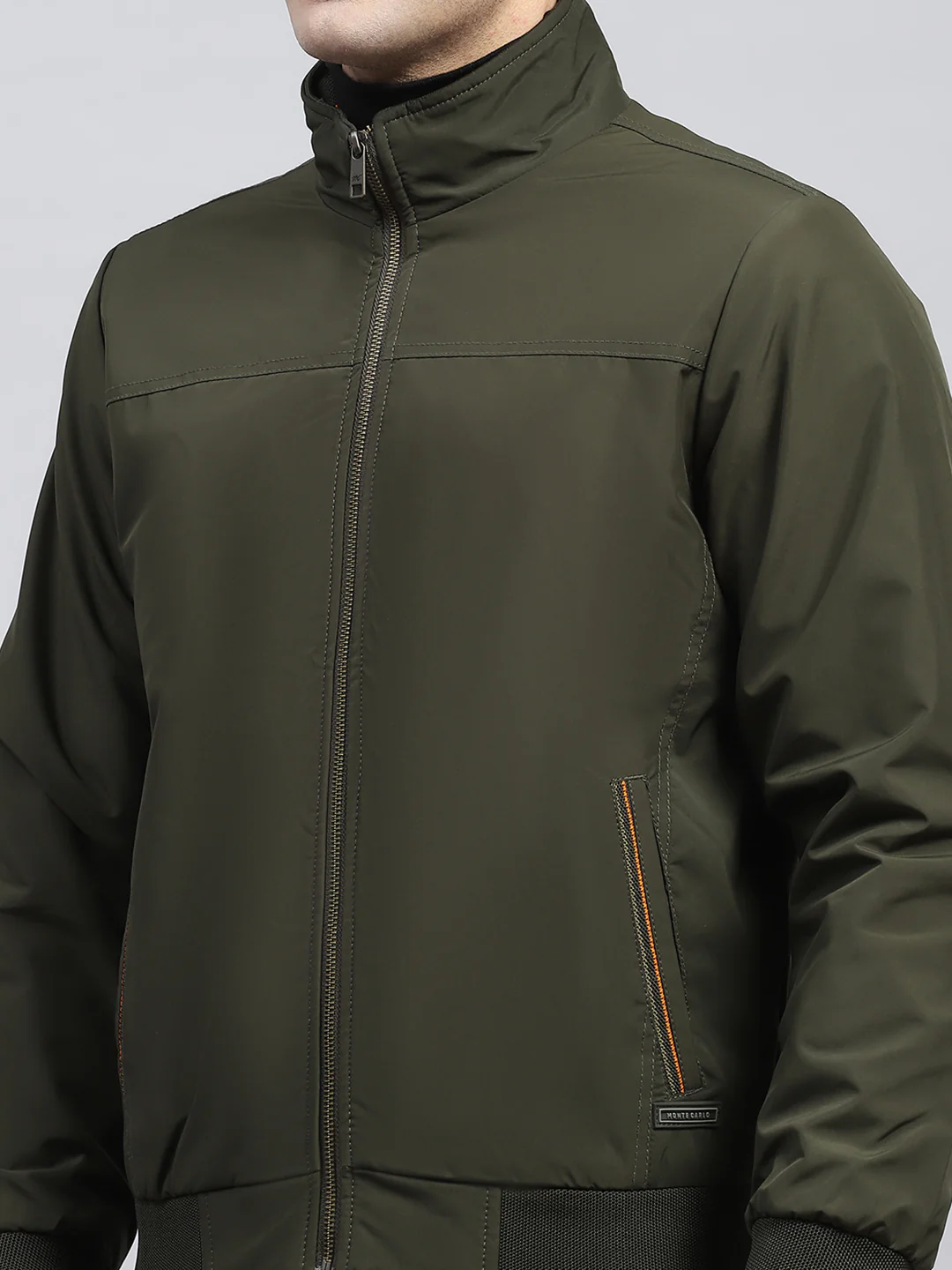 Men Olive Solid Mock Neck Full Sleeve Jacket - Image 6