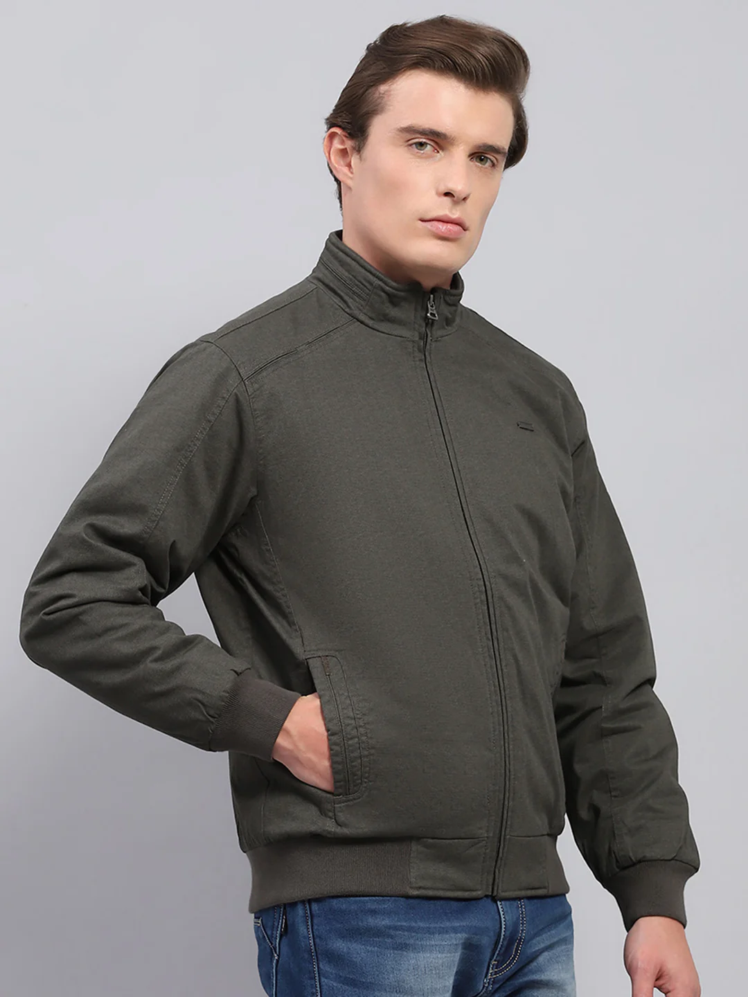 Men Olive Solid Mock Neck Full Sleeve Jacket - Image 4