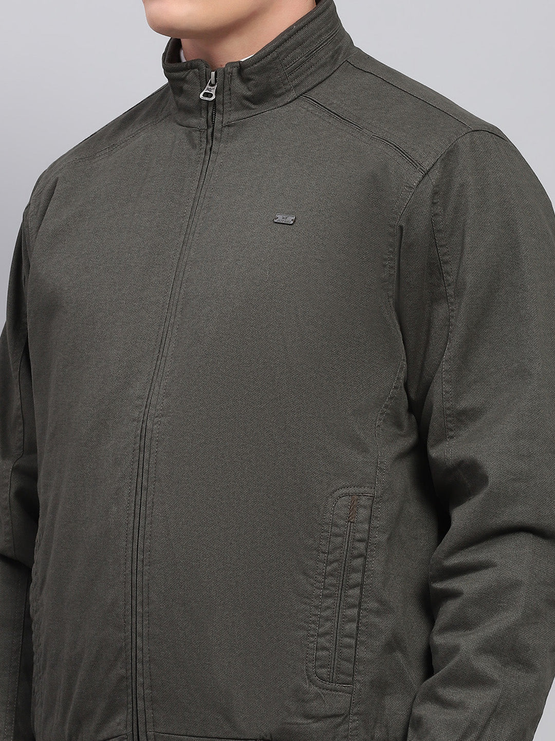 Men Olive Solid Mock Neck Full Sleeve Jacket - Image 6