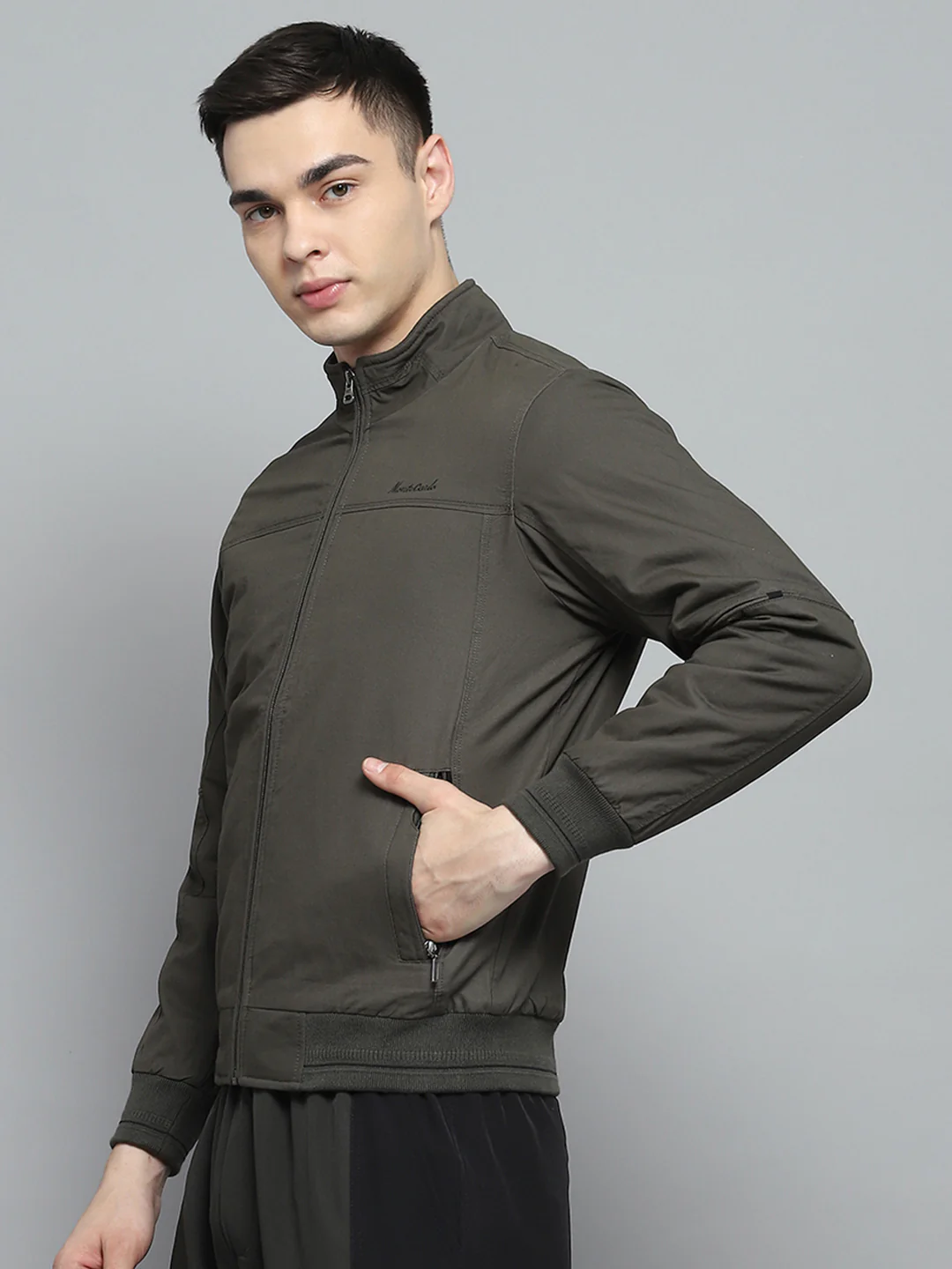 Men Olive Solid Mock Neck Full Sleeve Jacket - Image 3