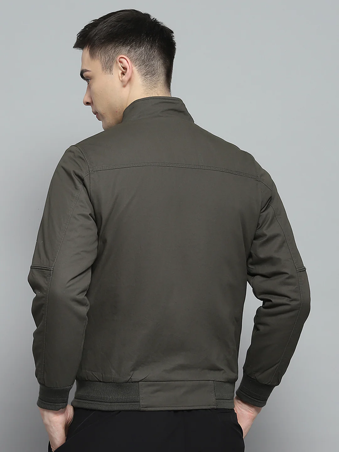 Men Olive Solid Mock Neck Full Sleeve Jacket - Image 5