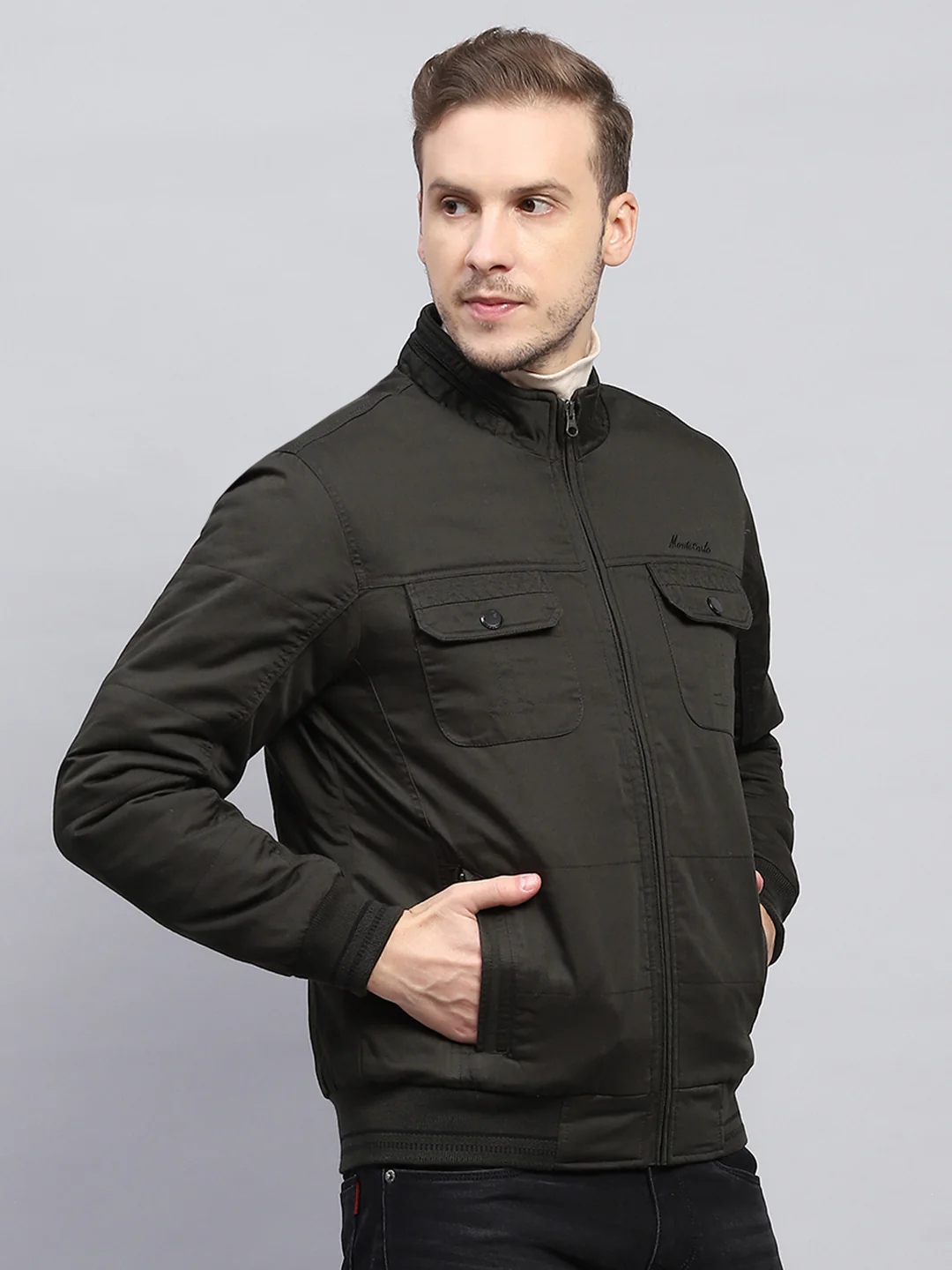 Men Olive Solid Mock Neck Full Sleeve Jacket - Image 4
