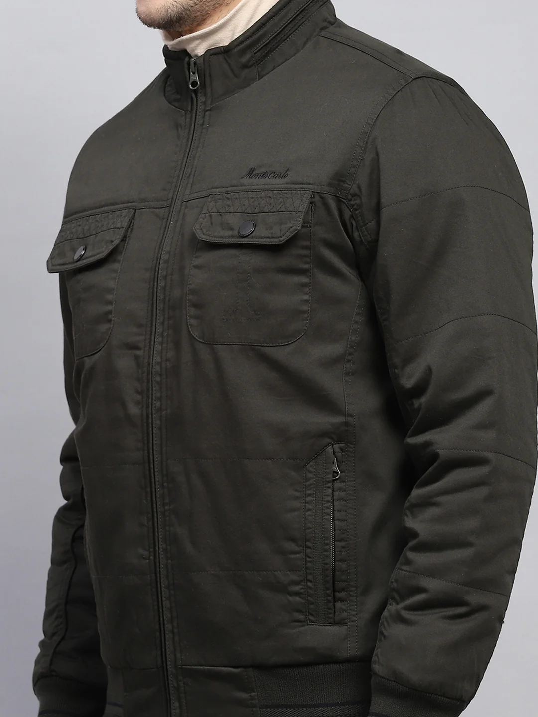 Men Olive Solid Mock Neck Full Sleeve Jacket - Image 6