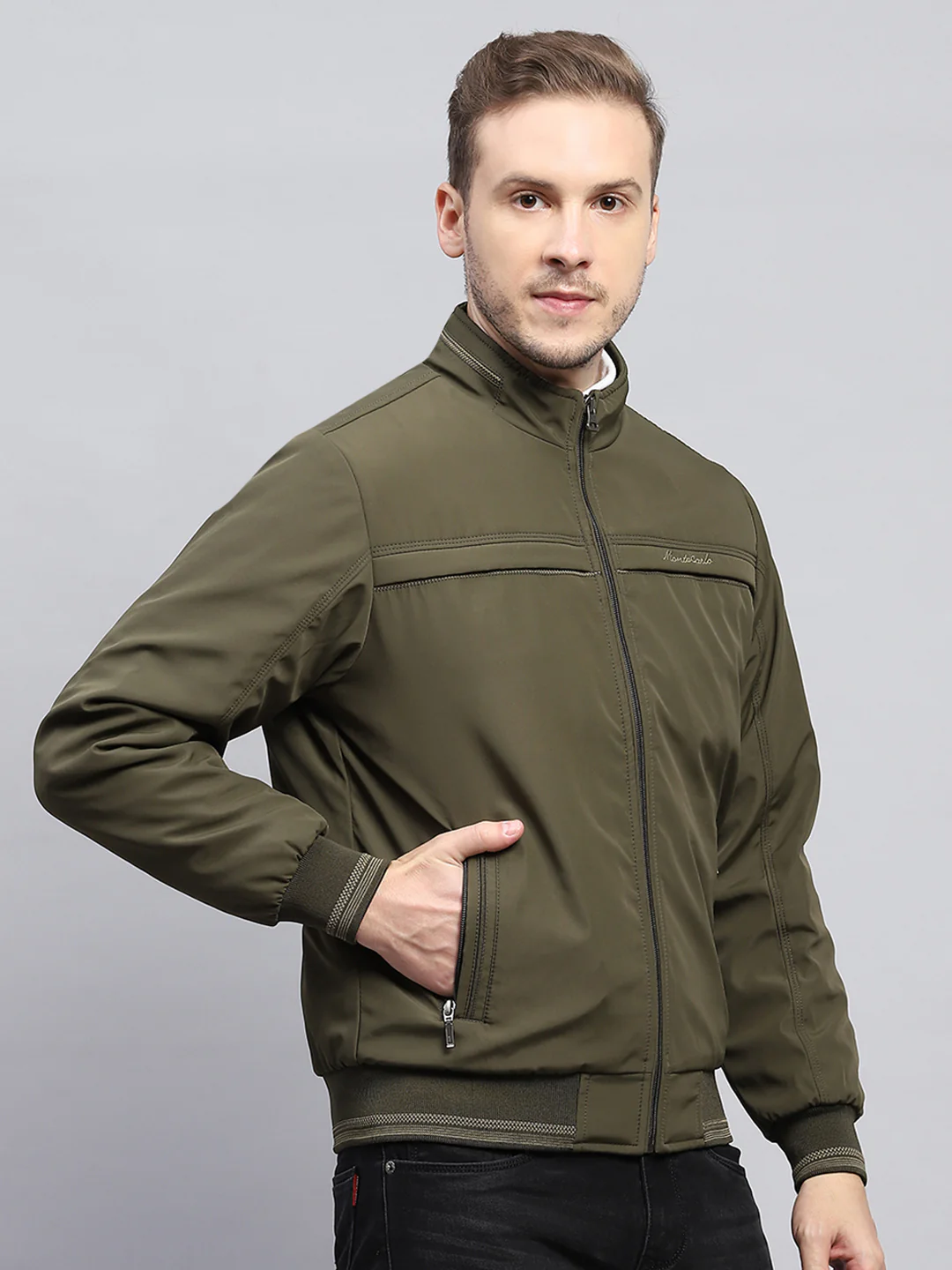 Men Olive Solid Mock Neck Full Sleeve Jacket - Image 4