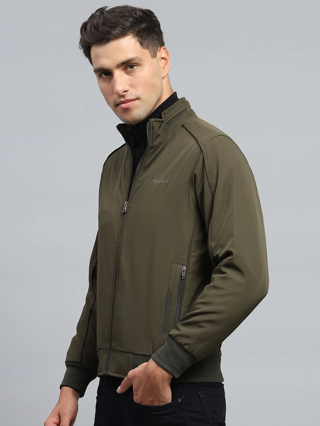 Men Olive Solid Mock Neck Full Sleeve Jacket - Image 3