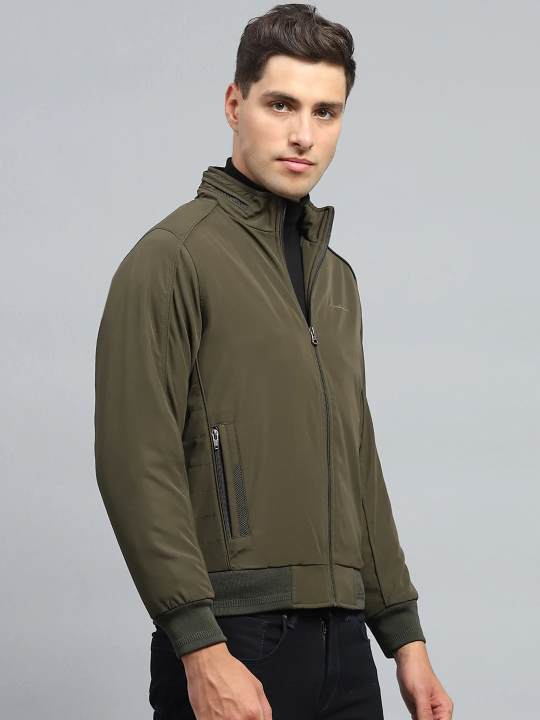 Men Olive Solid Mock Neck Full Sleeve Jacket - Image 4