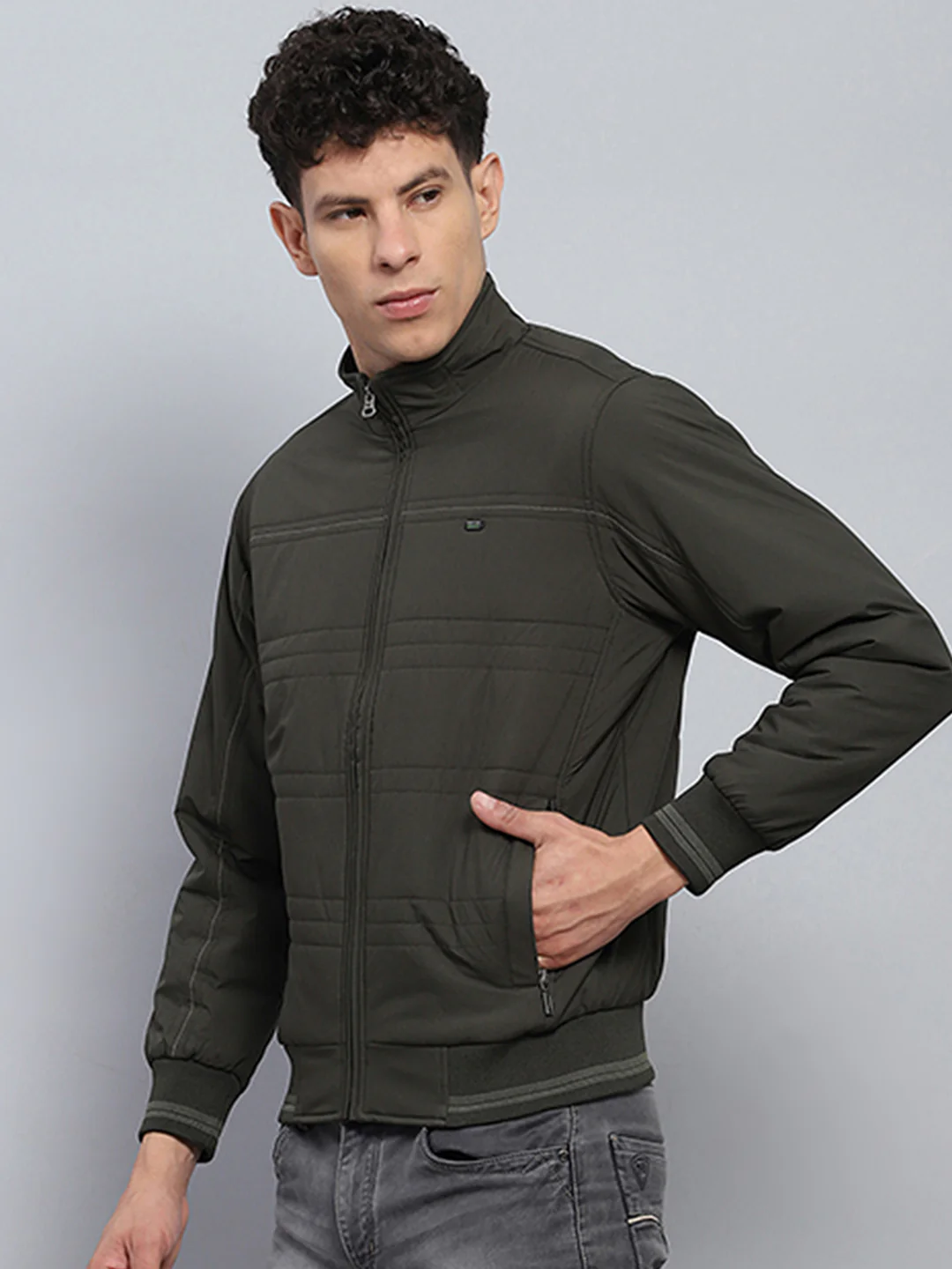 Men Olive Solid Mock Neck Full Sleeve Jacket - Image 3