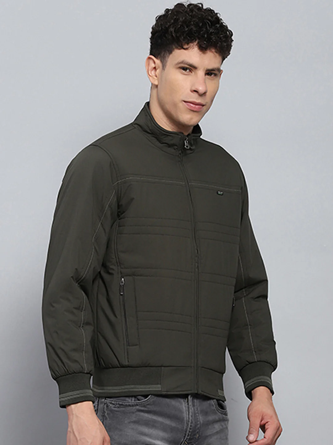 Men Olive Solid Mock Neck Full Sleeve Jacket - Image 4