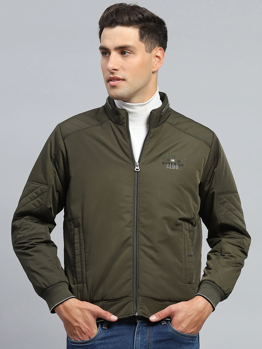 Men Olive Solid Mock Neck Full Sleeve Jacket