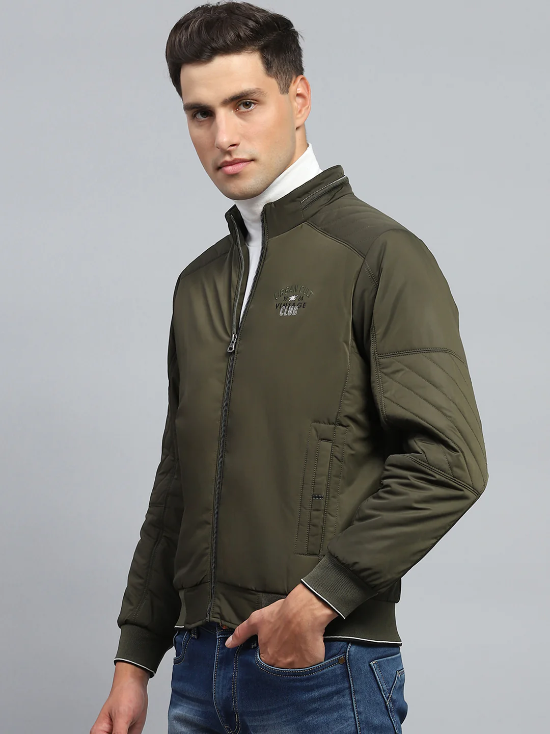 Men Olive Solid Mock Neck Full Sleeve Jacket - Image 3