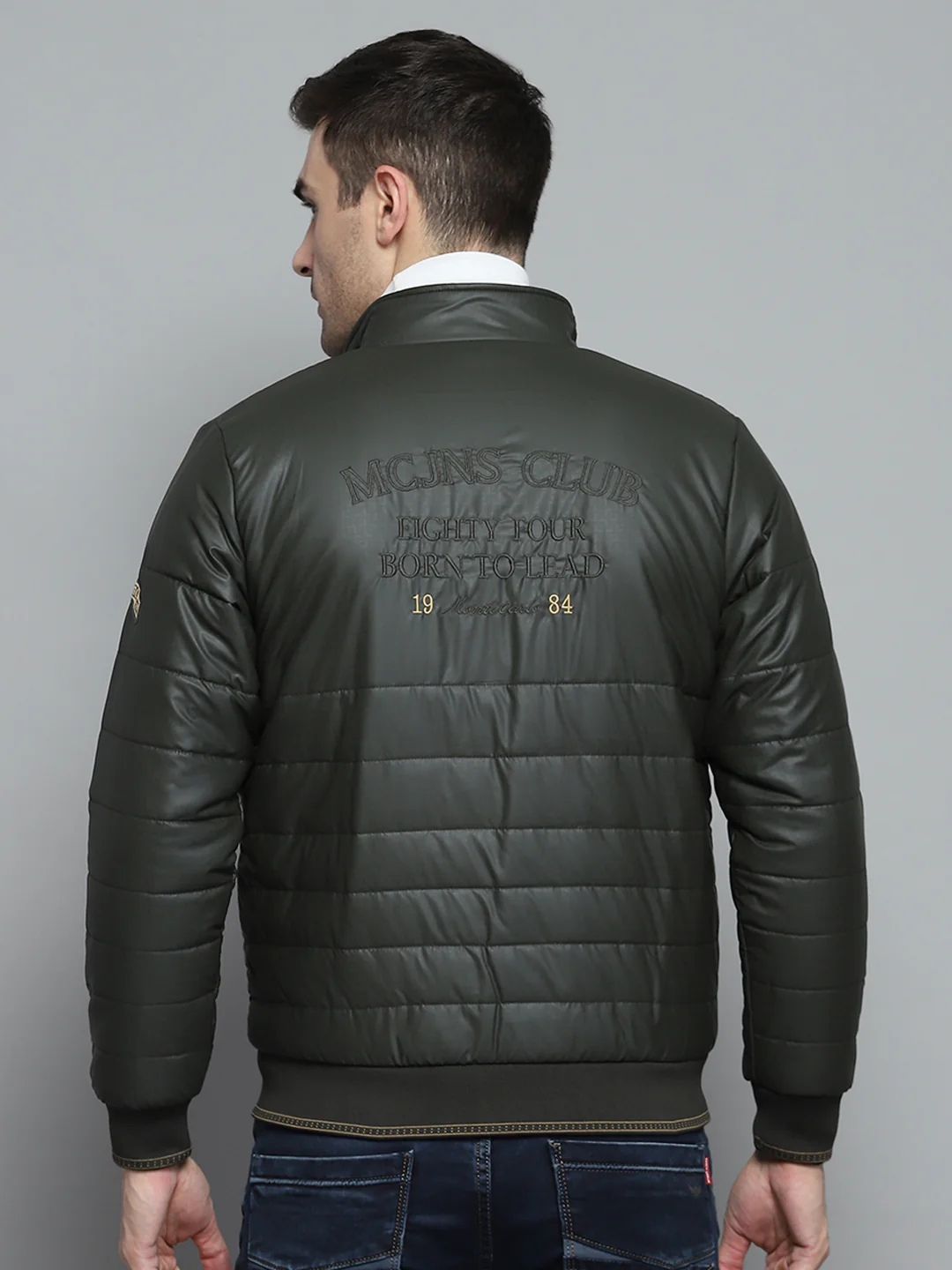 Men Olive Solid Mock Neck Full Sleeve Jacket - Image 5