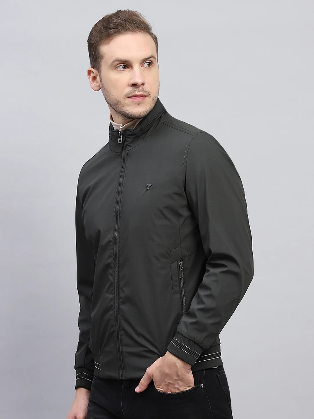 Men Olive Solid Mock Neck Full Sleeve Jacket - Image 3