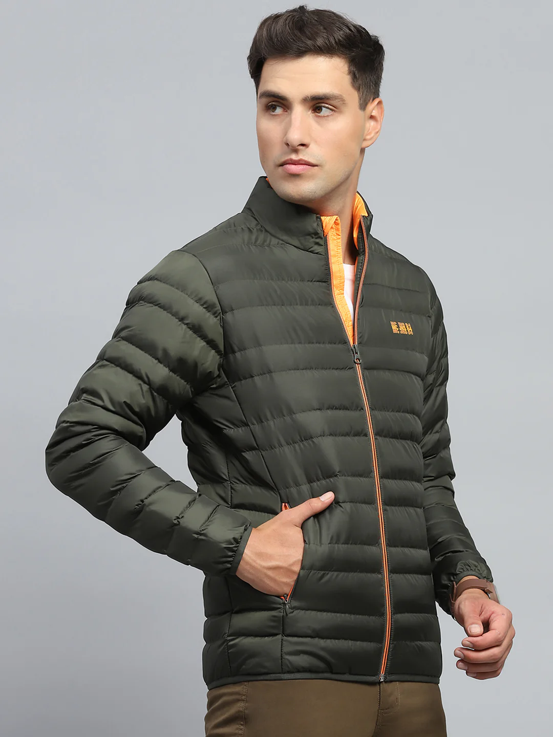 Men Olive Solid Mock Neck Full Sleeve Jacket - Image 4