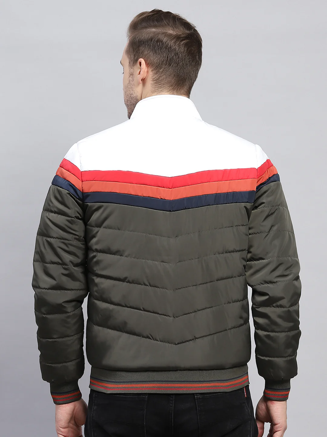 Men Olive Solid Mock Neck Full Sleeve Jacket - Image 5