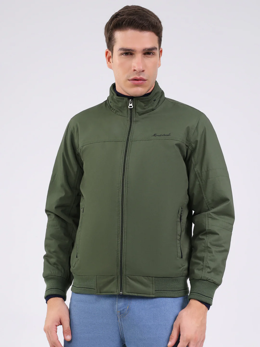 Men Olive Solid Mock Neck Full Sleeve Jacket