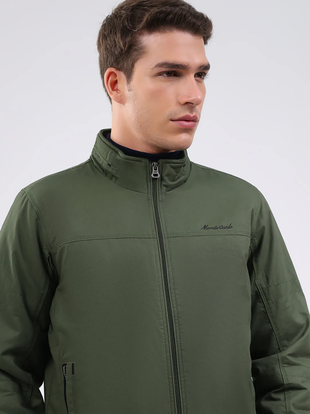 Men Olive Solid Mock Neck Full Sleeve Jacket - Image 6
