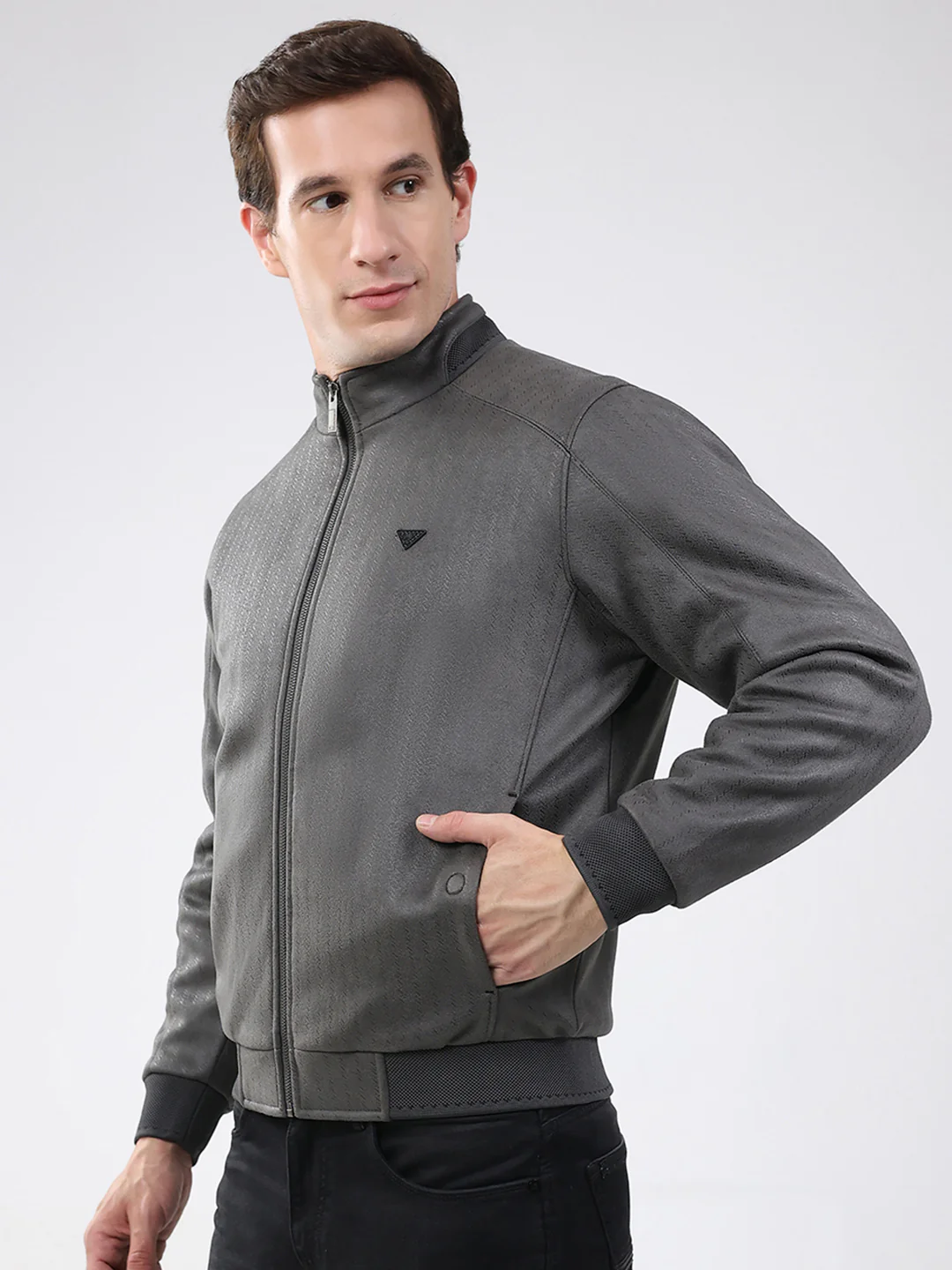 Men Olive Solid Mock Neck Full Sleeve Jacket - Image 3