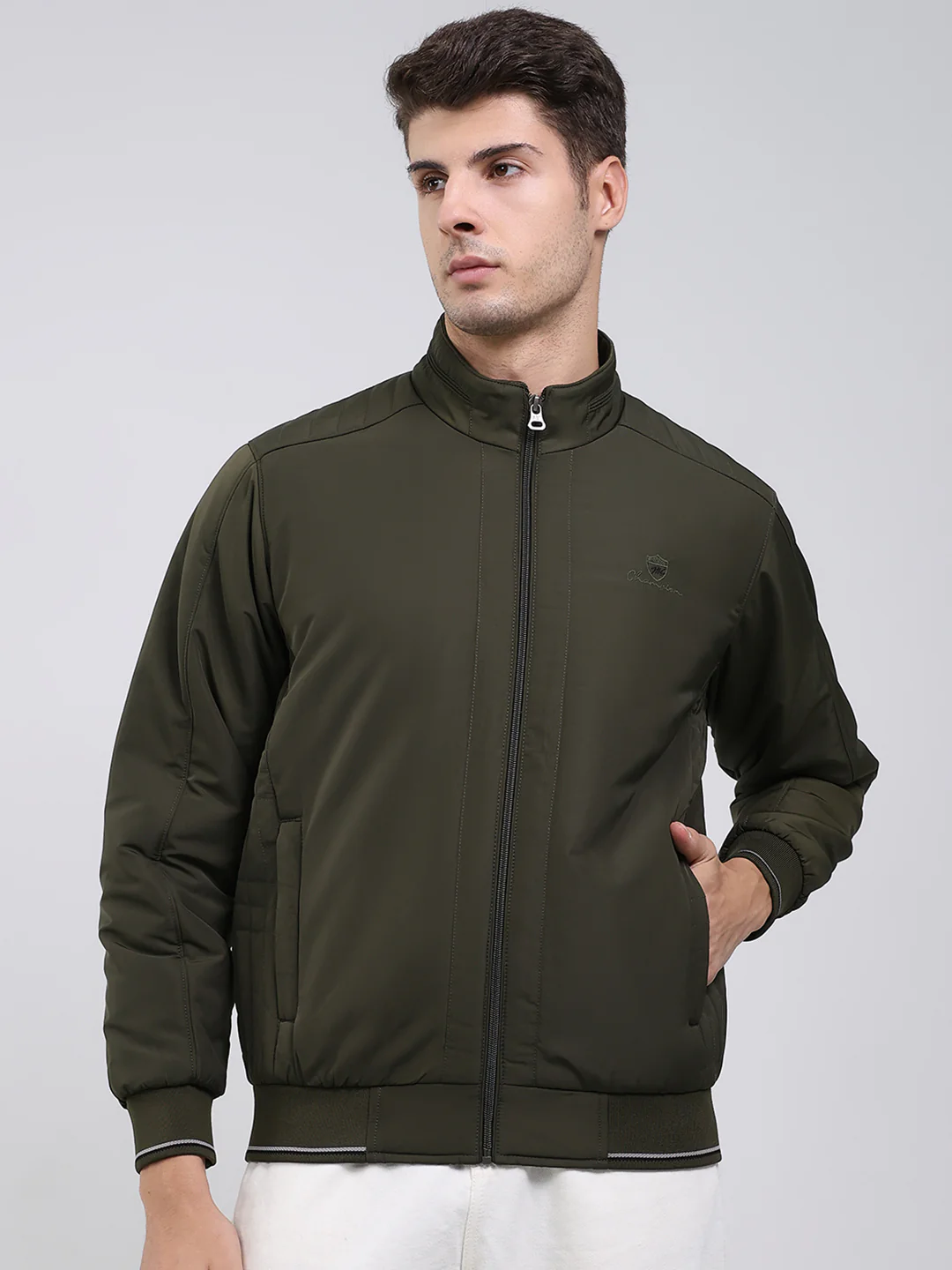 Men Olive Solid Mock Neck Full Sleeve Jacket