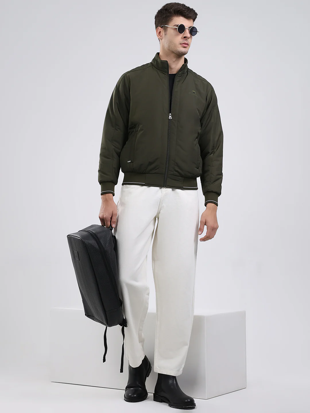 Men Olive Solid Mock Neck Full Sleeve Jacket - Image 2