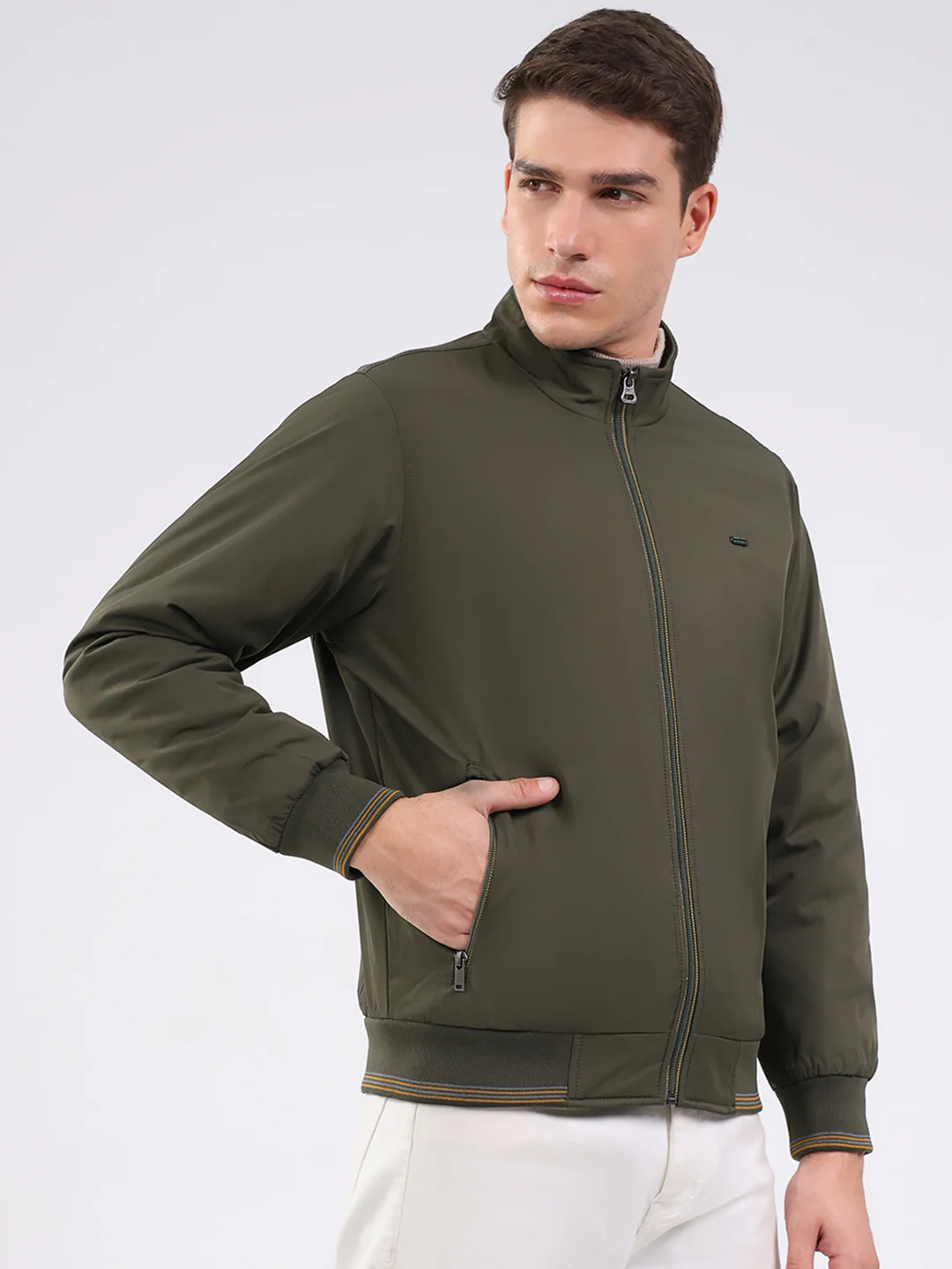 Men Olive Solid Mock Neck Full Sleeve Jacket - Image 4
