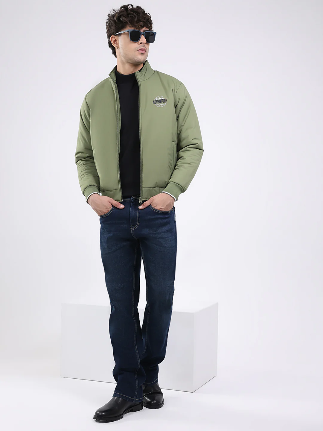 Men Olive Solid Mock Neck Full Sleeve Jacket - Image 2