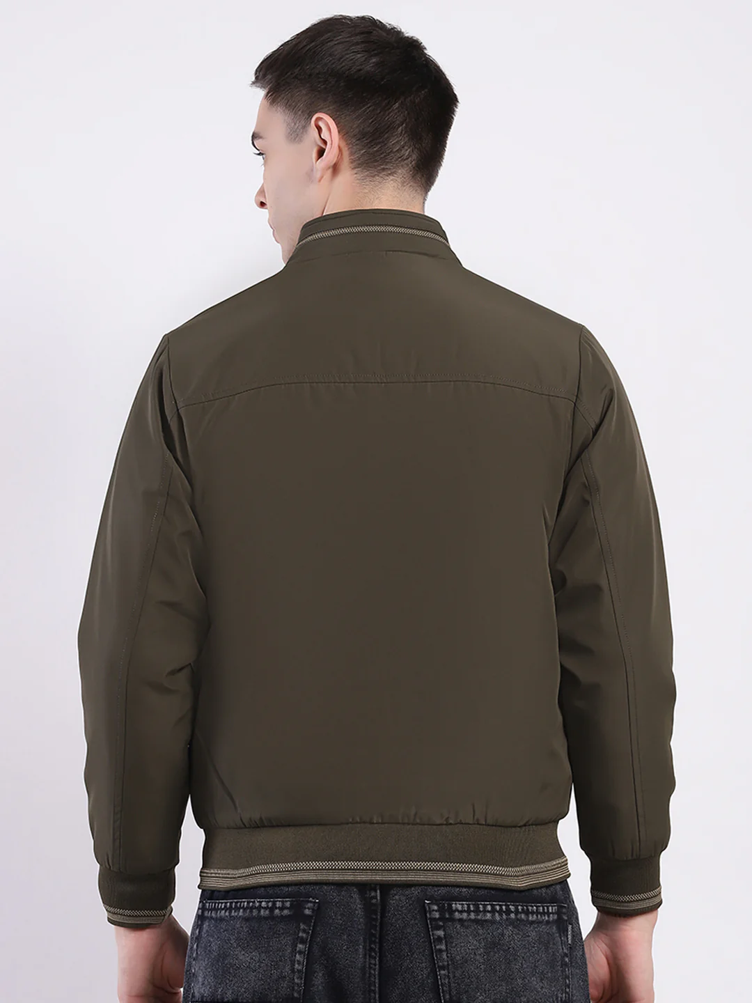 Men Olive Solid Mock Neck Full Sleeve Jacket - Image 5