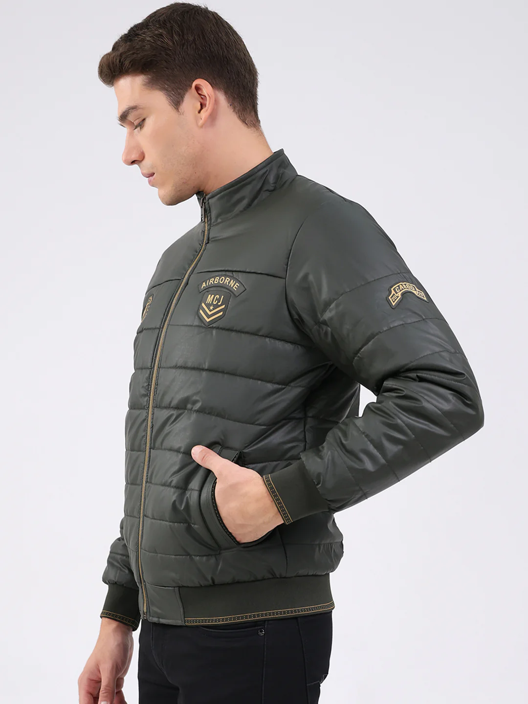 Men Olive Solid Mock Neck Full Sleeve Jacket - Image 3