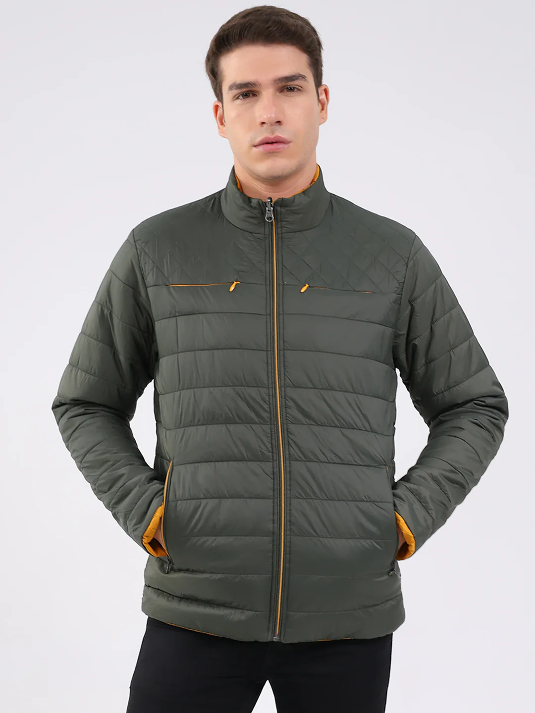 Men Olive Solid Mock Neck Full Sleeve Jacket
