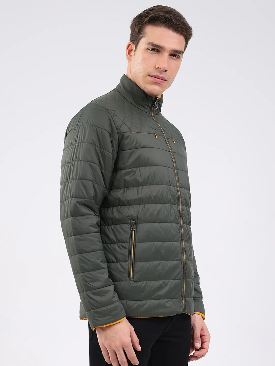 Men Olive Solid Mock Neck Full Sleeve Jacket - Image 4