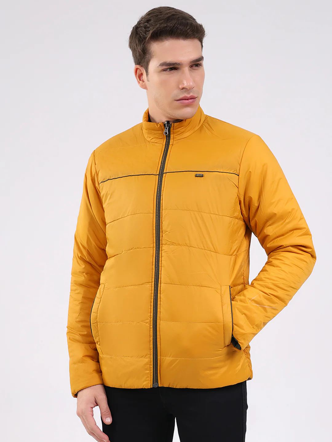 Men Olive Solid Mock Neck Full Sleeve Jacket - Image 6
