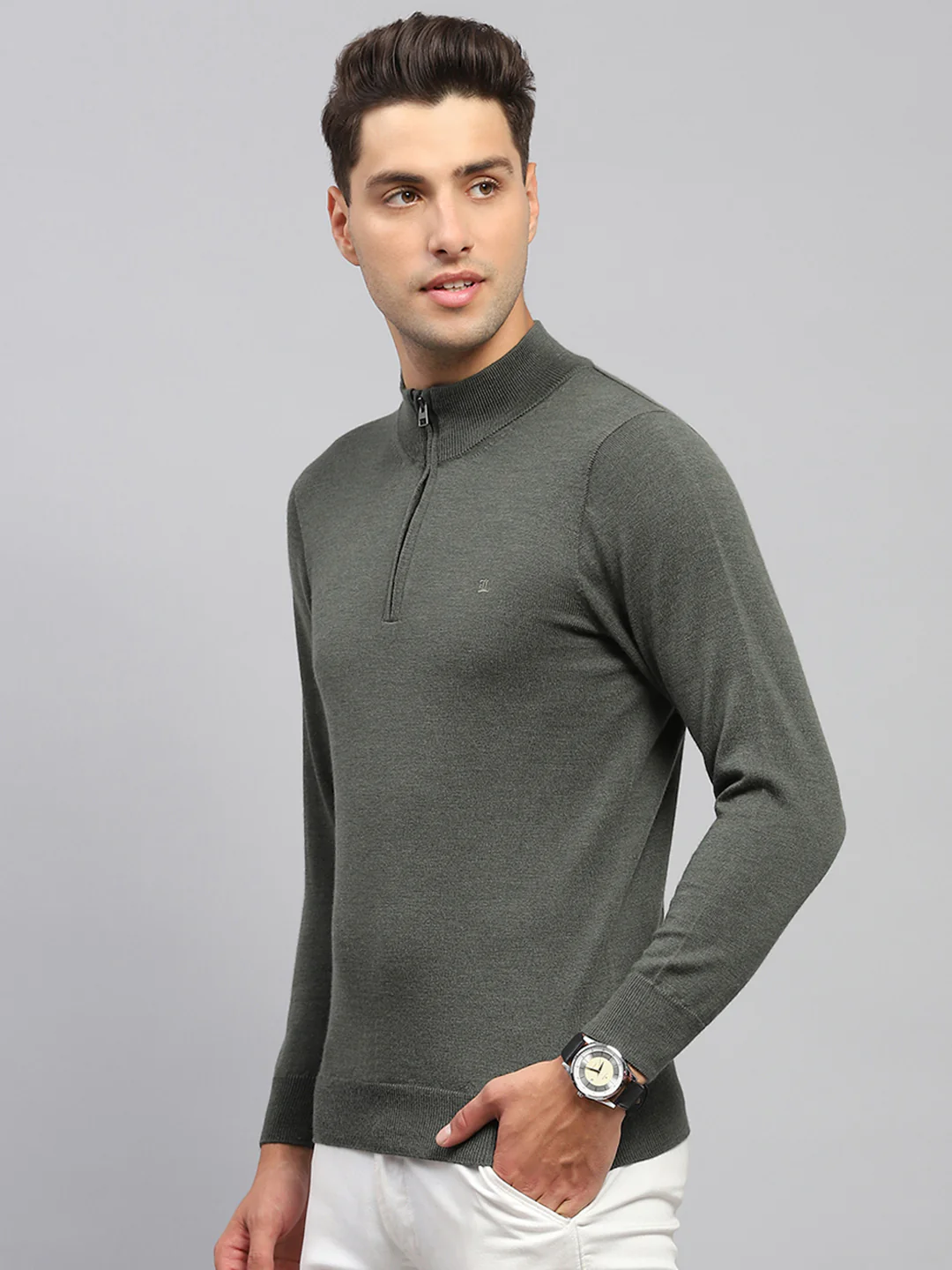 Men Olive Solid Mock Neck Full Sleeve Pullover - Image 3