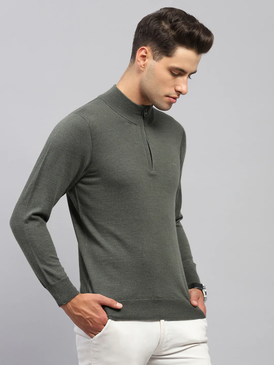 Men Olive Solid Mock Neck Full Sleeve Pullover - Image 4