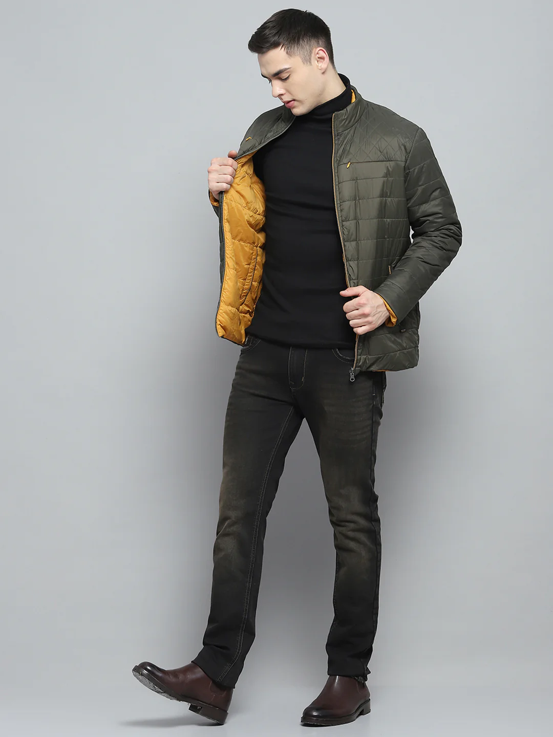 Men Olive Solid Mock Neck Full Sleeve Reversible Jacket - Image 2