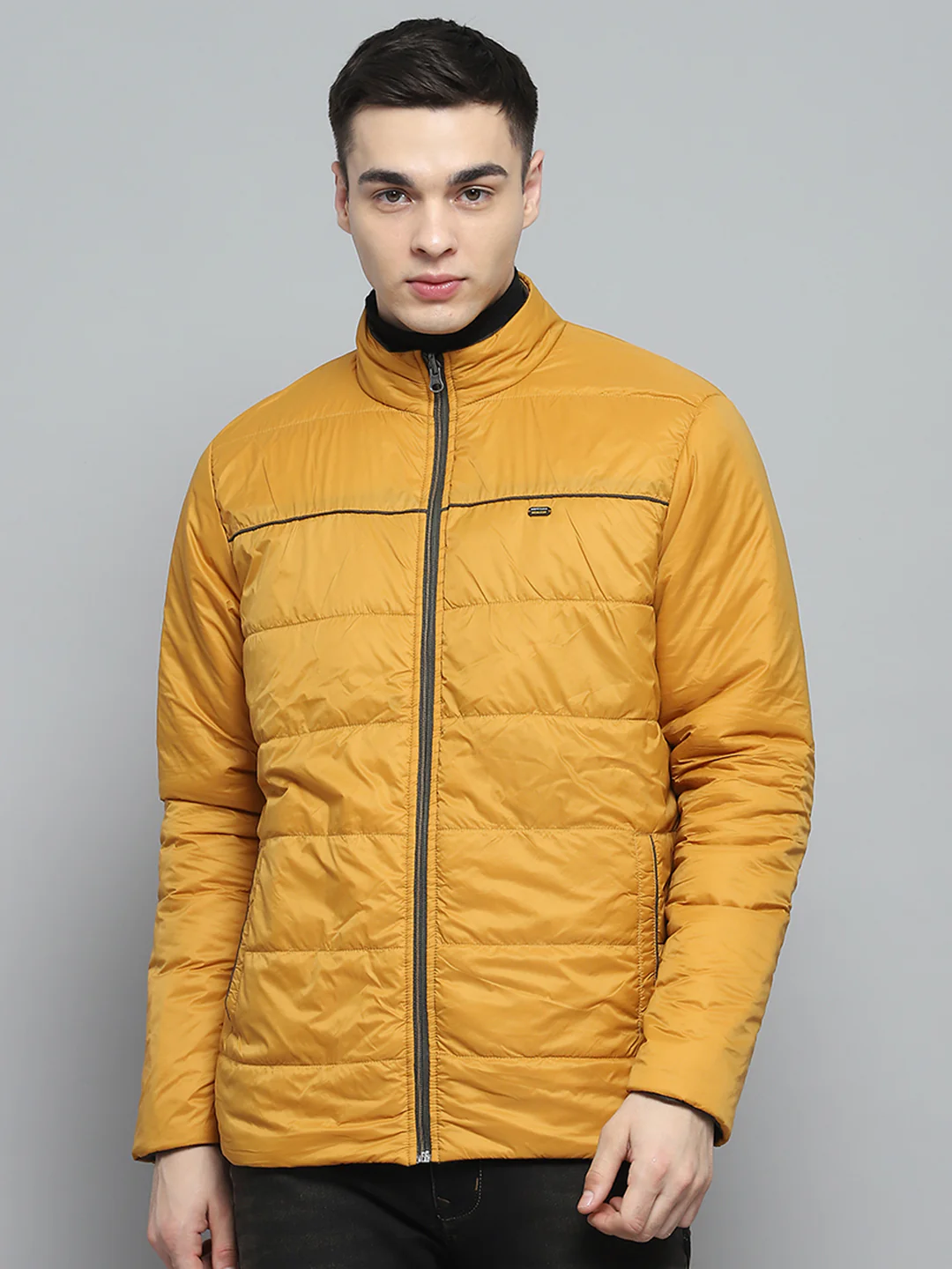 Men Olive Solid Mock Neck Full Sleeve Reversible Jacket - Image 6