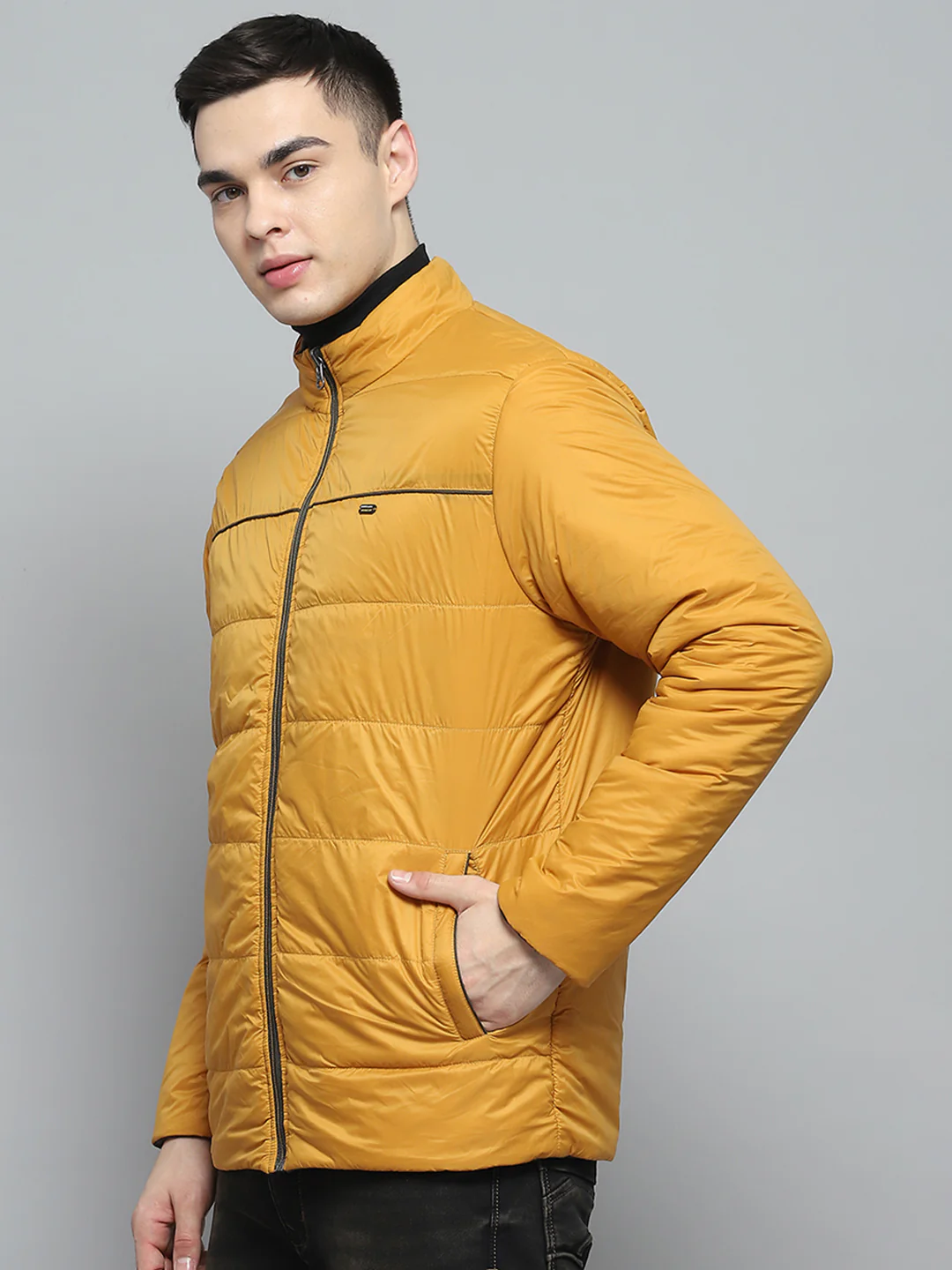 Men Olive Solid Mock Neck Full Sleeve Reversible Jacket - Image 7