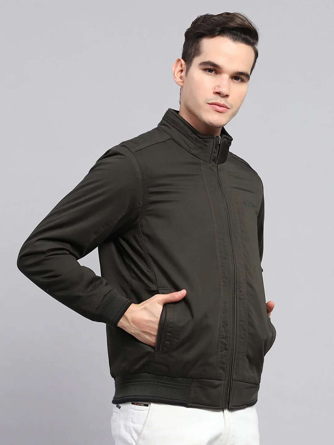 Men Olive Solid Mock Neck Full Sleeve Reversible Jacket - Image 4